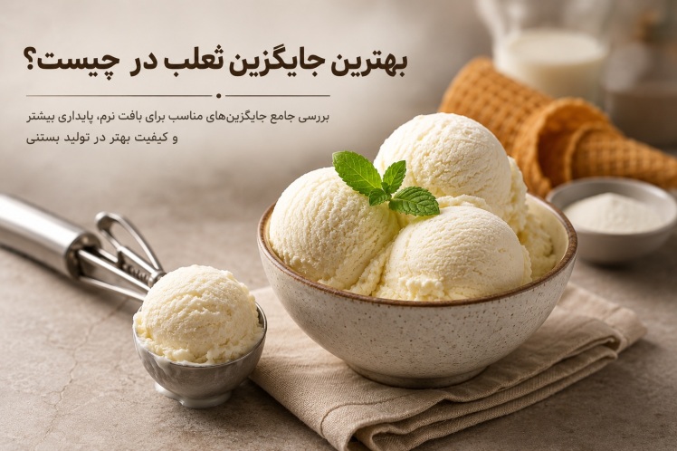 بهترین جایگزین ثعلب در بستنی چیست؟ بررسی کامل جایگزینهای صنعتی و نکات انتخاب استابیلایزر مناسب